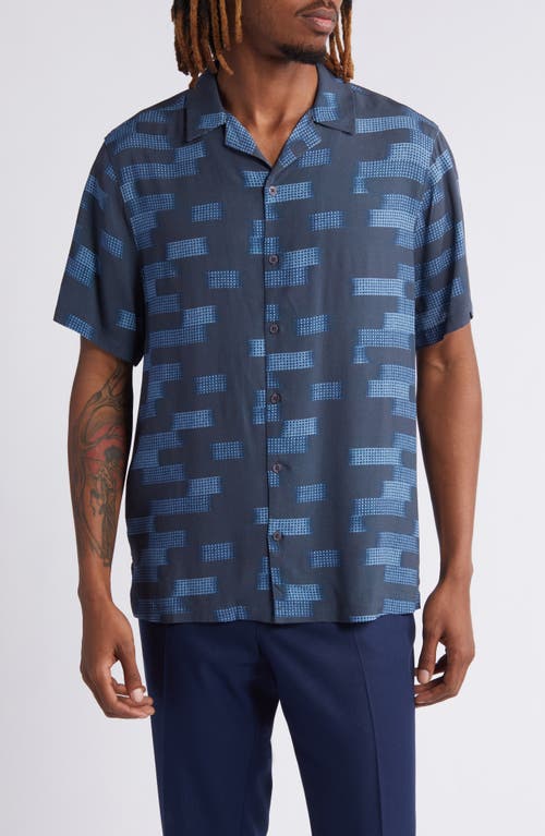 Open Edit Relax Geo Pattern Camp Shirt Navy Ambient Stripe at Nordstrom,