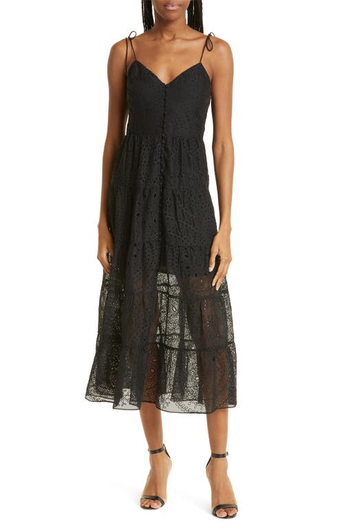 Alice + Olivia Shanti Button Front Tiered Eyelet Dress in Black