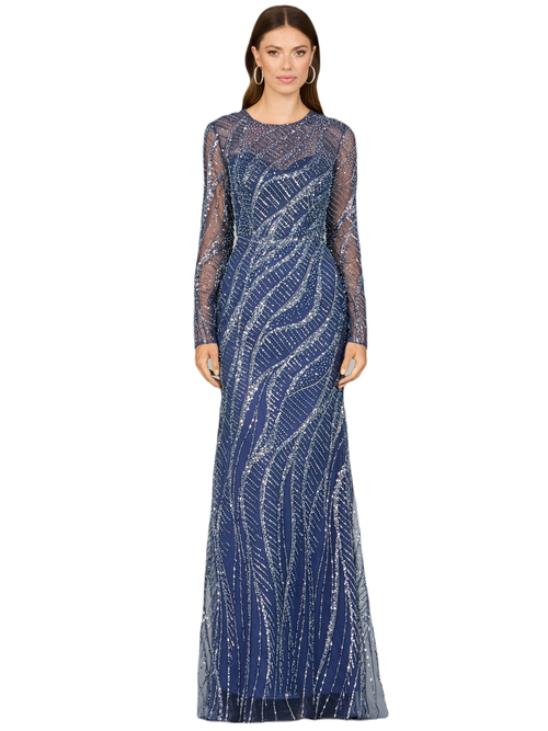 Shop Lara New York Long Sleeve Sheath Gown With Silver Beads In Blue