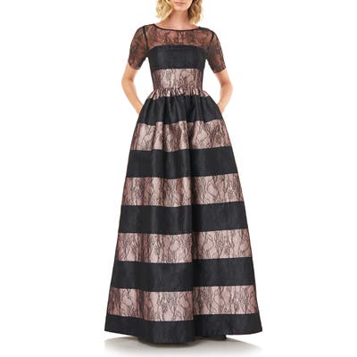 Kay Unger Alexis Stripe Floral Lace Ballgown, Black