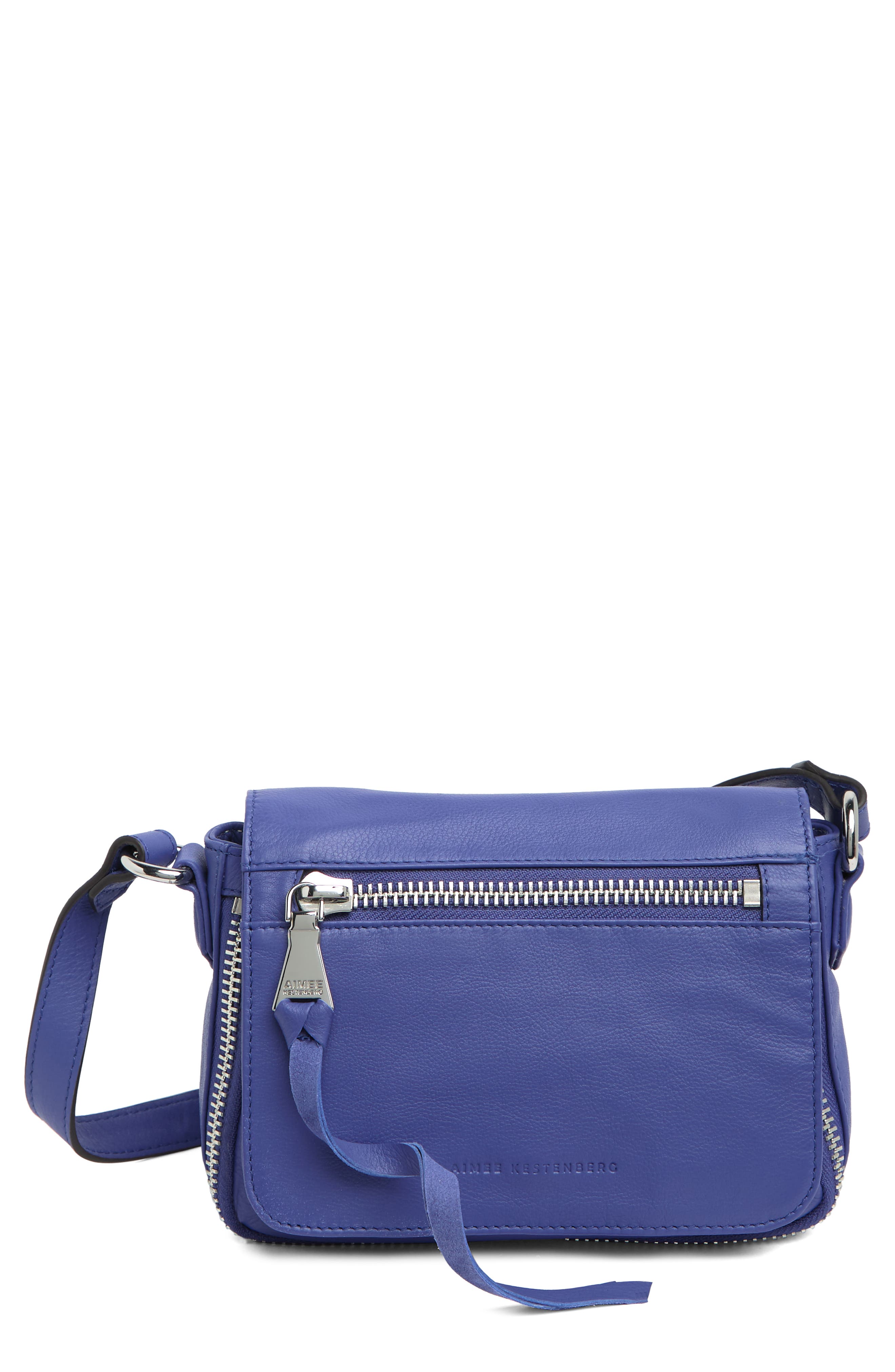 blue leather crossbody bag