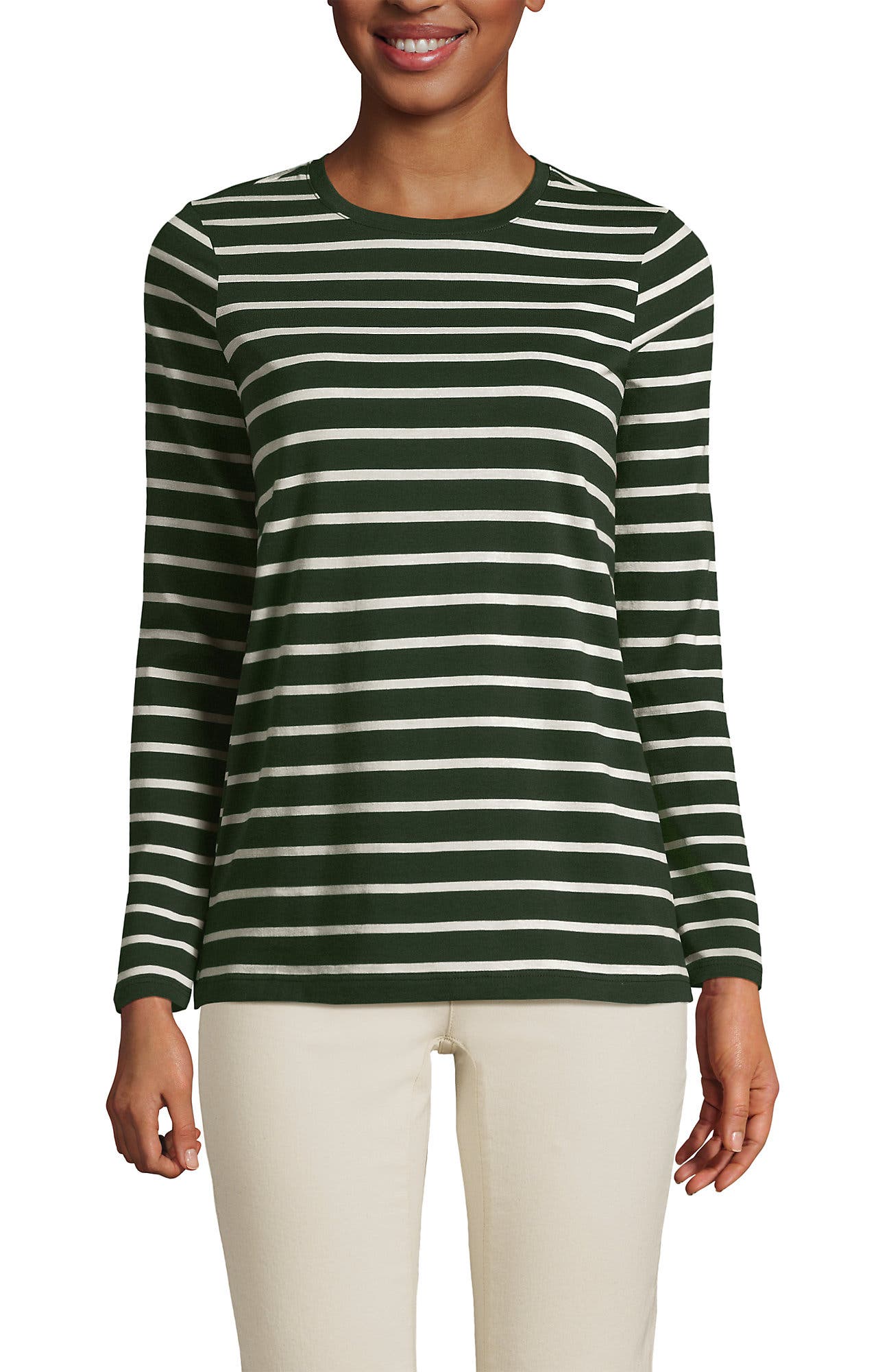 Lands' End Relaxed Supima Cotton Long Sleeve Crew Neck T-shirt In Fresh Evergreen Breton Stripe