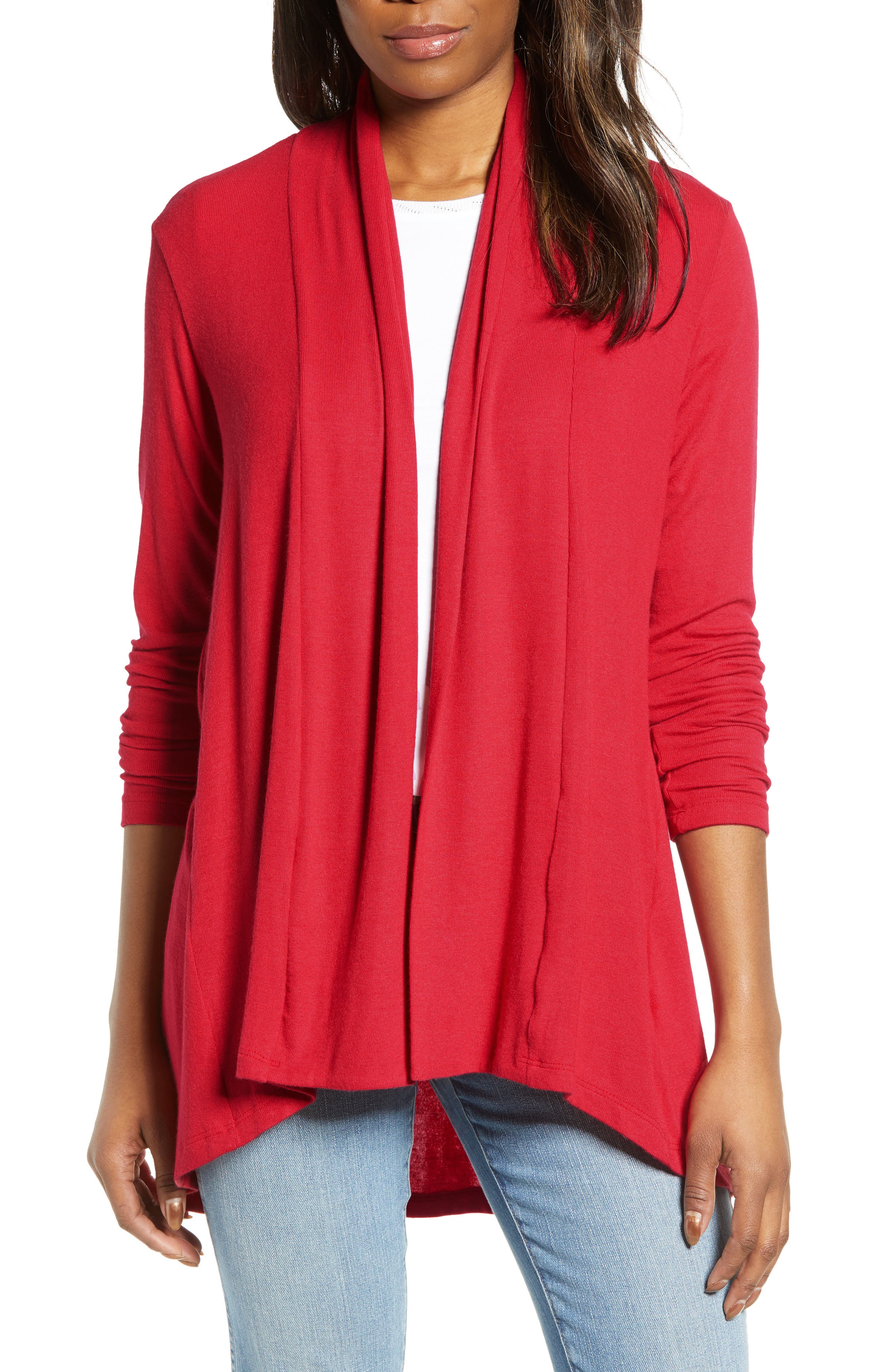 Bobeau High/low Jersey Cardigan, Red