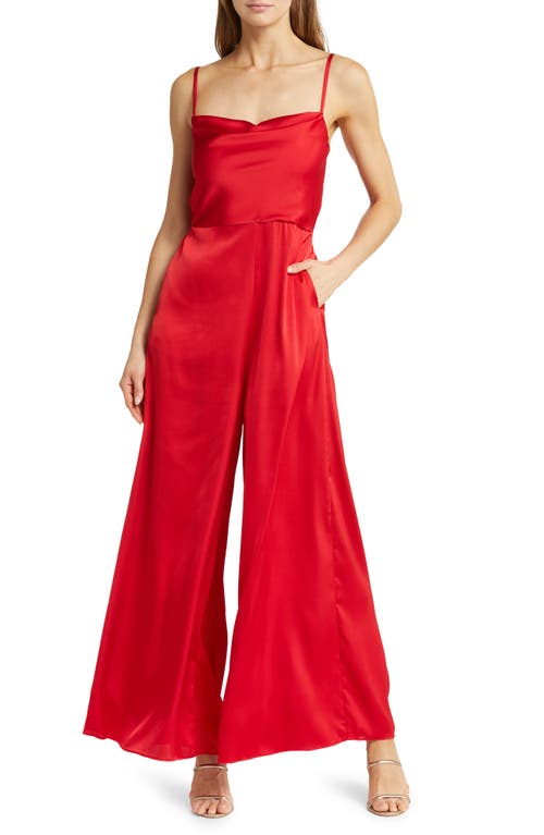 Wide Leg Satin Jumpsuit in Fiery Red