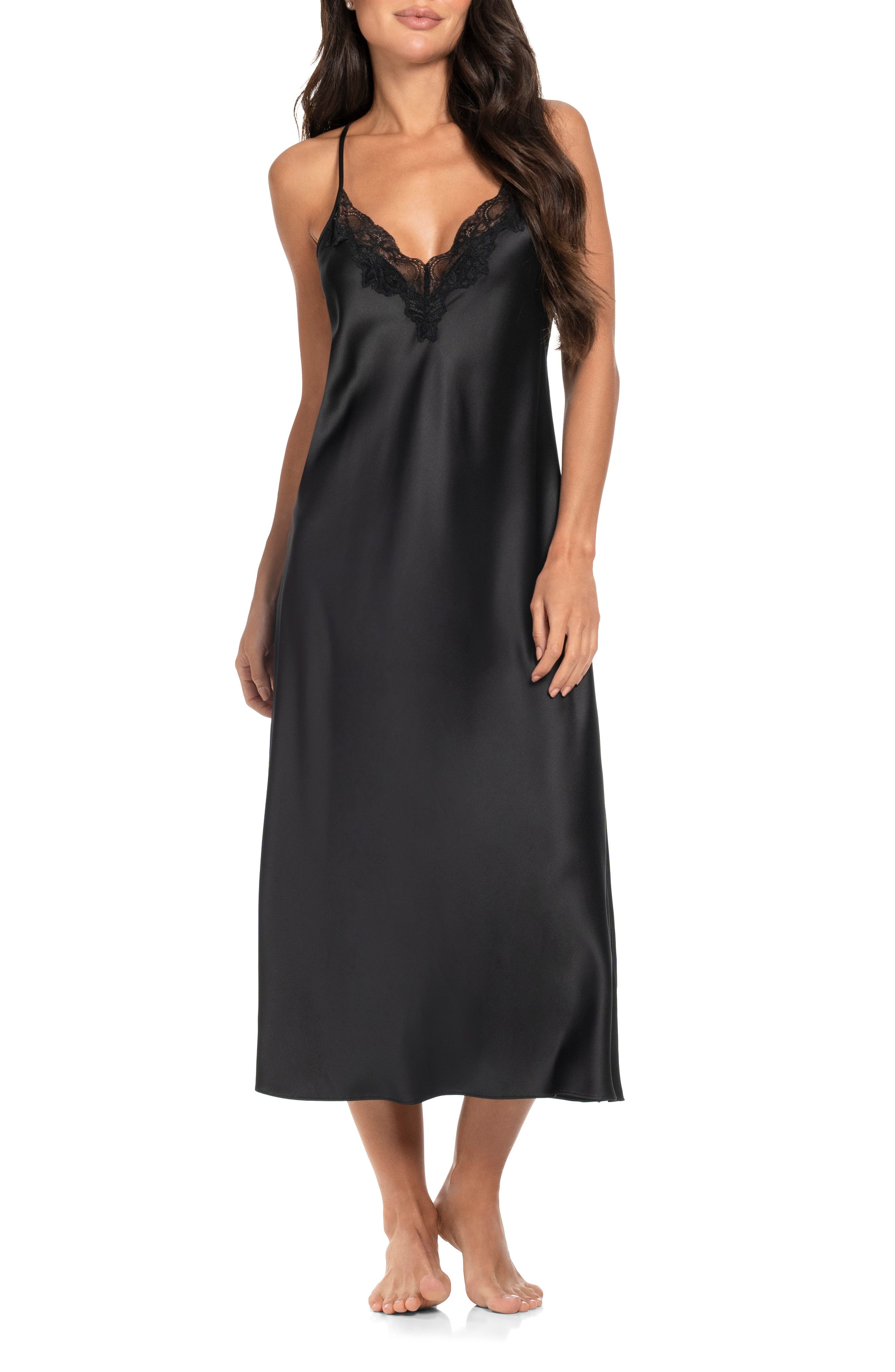 In Bloom by Jonquil Lace Trim Stretch Satin Nightgown in Black 