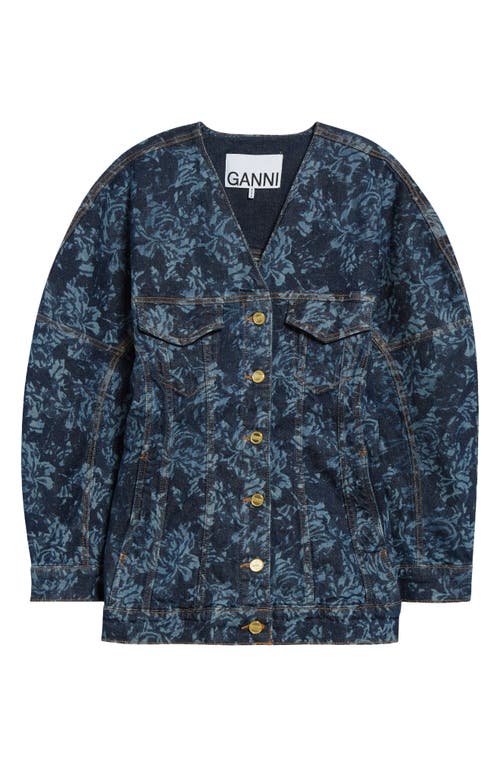 Shop Ganni Floral Denim Trucker Jacket In Mid Blue Stone