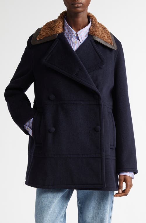 Shop Wales Bonner Zora Faux Shearling Trim Wool Blend Peacoat In Navy