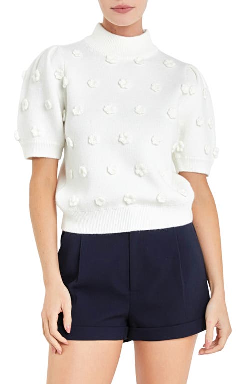 English Factory Flower Pompom Short Sleeve Sweater White at Nordstrom,