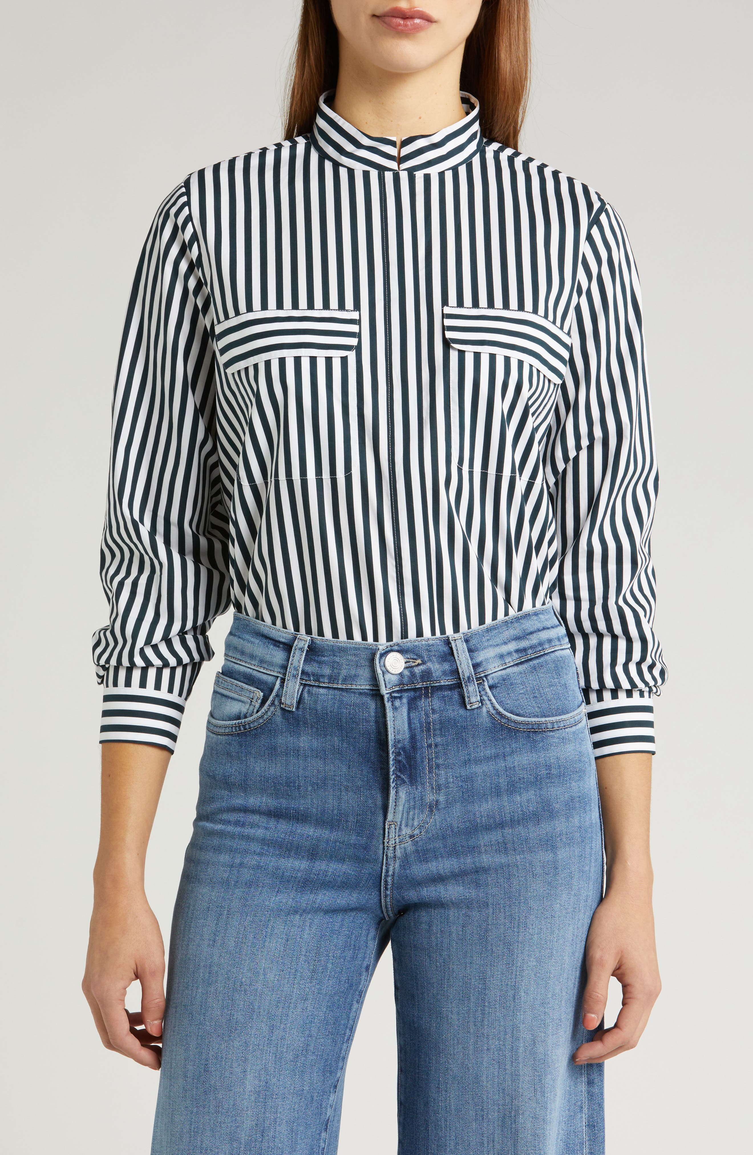 FRAME Stripe Organic Cotton Band Collar Shirt | Nordstrom