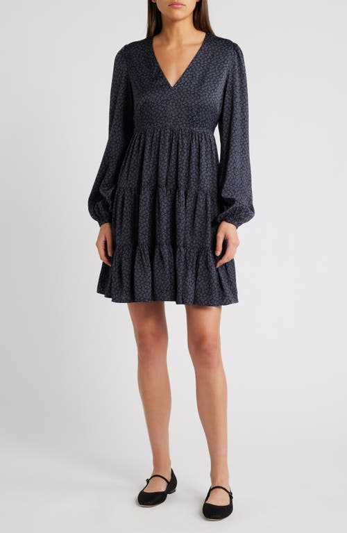 Shop Treasure & Bond V-neck Long Sleeve Satin Minidress In Navy A- Black Abstract Fleur