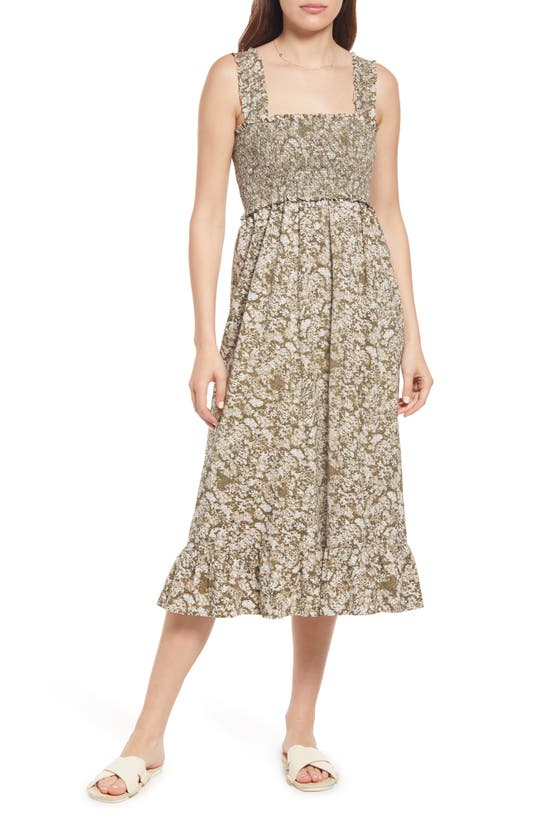 Rails Rumi Smocked Floral Print Midi Dress In Olive Vine | ModeSens