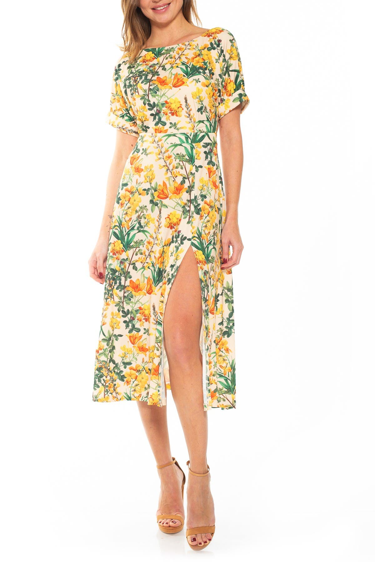 Alexia Admor Lana Draped Bodice Floral Midi Dress In Open Yellow3