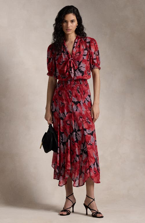 Shop Polo Ralph Lauren Irene Floral Tie Neck Handkerchief Hem Georgette Maxi Dress In 1814 Fall Poppy