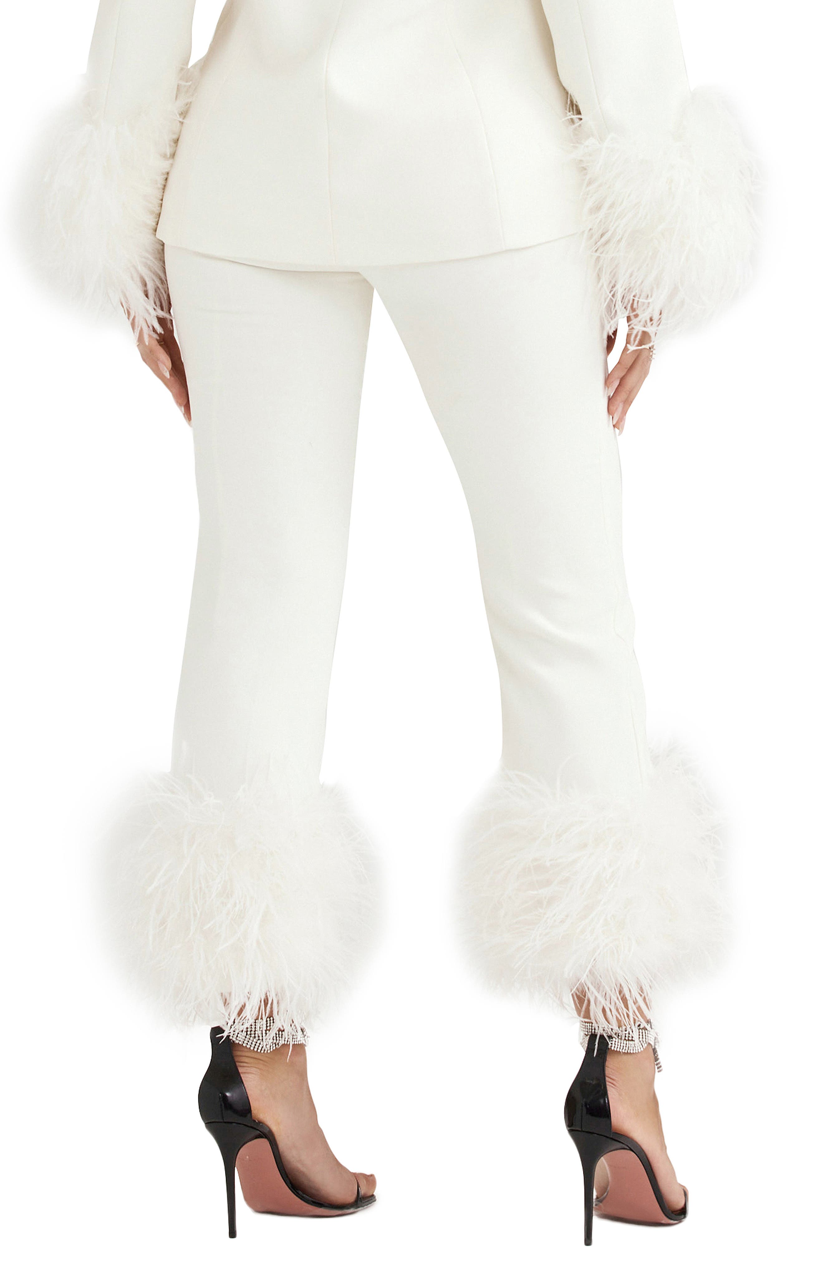 HOUSE OF CB Fae Feather Trim Trousers in Ivory