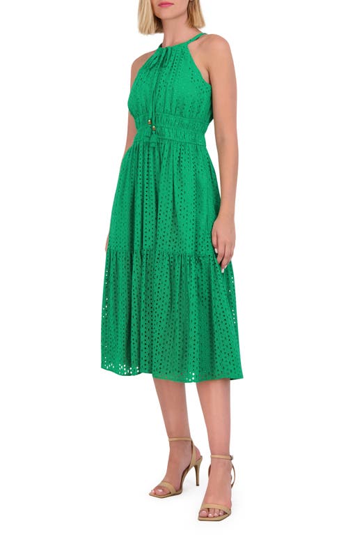 Shop Vince Camuto Halter Neck Cotton Eyelet Midi Dress In Green