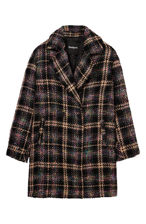 Shop Desigual Corcega Double Breasted Plaid Coat In Black