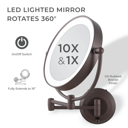 Zadro Lighted Wall Mounted Makeup Mirror With 10x/1x Magnification & Extendable Arm In Oil-rubbed Bronze