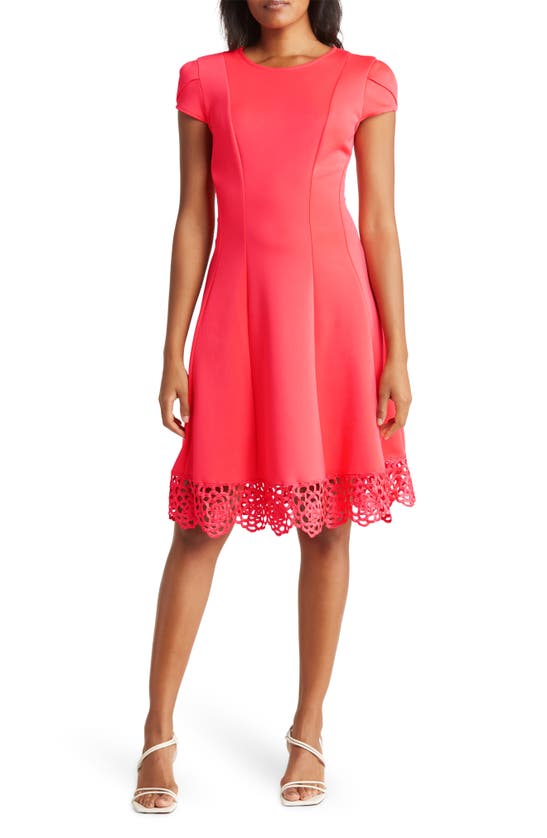 Donna Ricco Tulip Sleeve Lace Hem Fit & Flare Dress In Coral