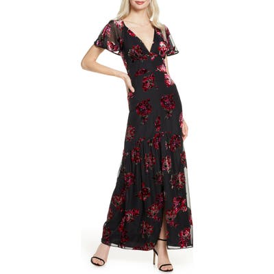 Harlyn Cape Sleeve Velvet Burnout Maxi Dress, Black