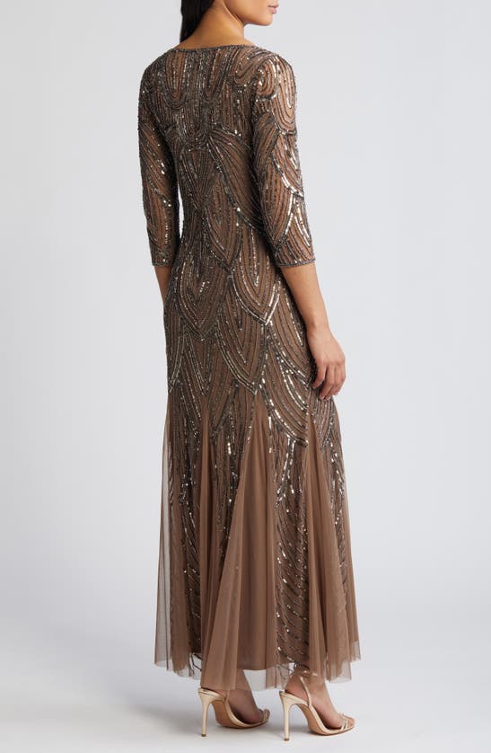 Shop Pisarro Nights Beaded Illusion Neck Gown In Mocha