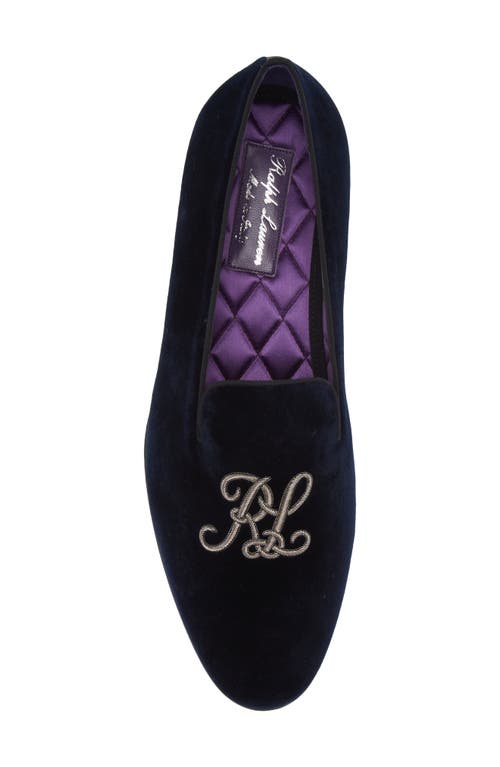 Shop Ralph Lauren Purple Label Alonzo Monogram Velvet Loafer In Navy/silver