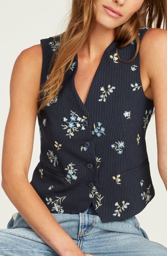 Driftwood Nola Pinstripe Floral Embroidered Vest In Navy