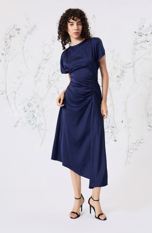 Shop Luxely Short Sleeve Asymmetric Draped Midi Dress In Inkling