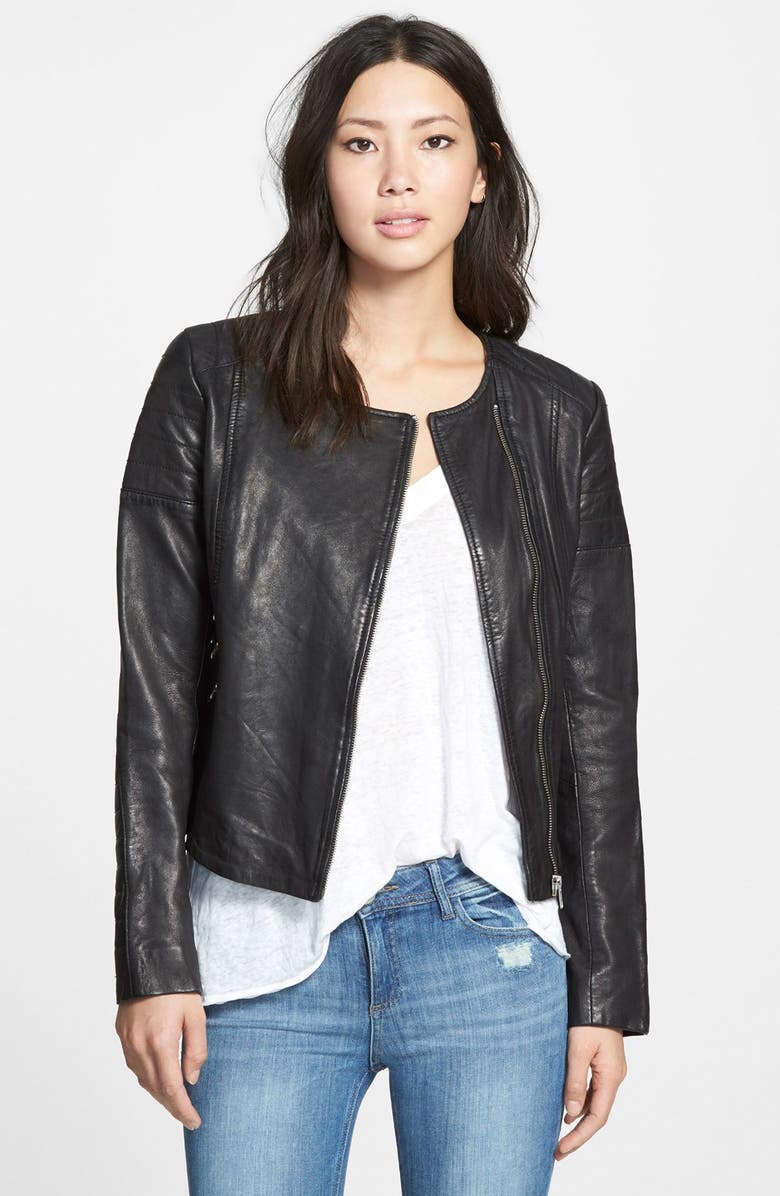 SOIA & KYO 'Trudy' Collarless Lambskin Leather Biker Jacket, Main, color, Black