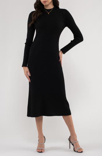 August Sky Shimmery Ribbed Long Sleeve Midi Sweater Dress In Black