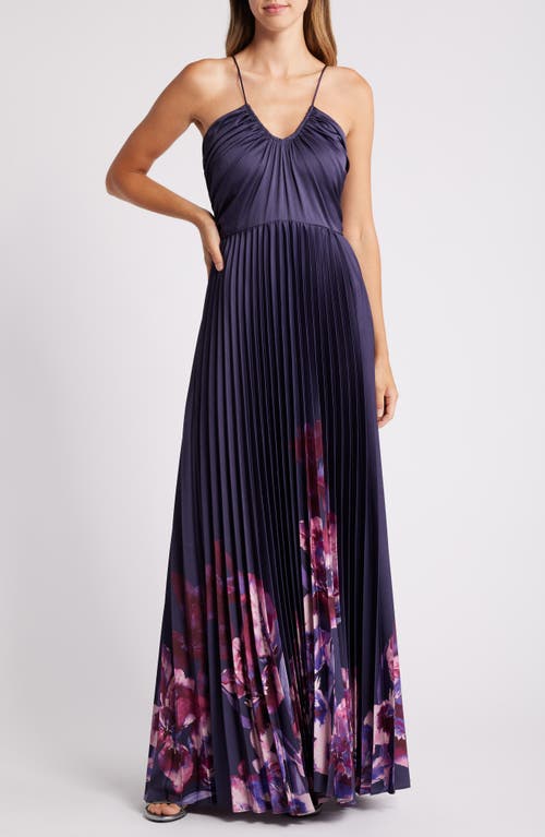 Shop Julia Jordan Placed Floral Pleated Satin Dress In Purple Multi