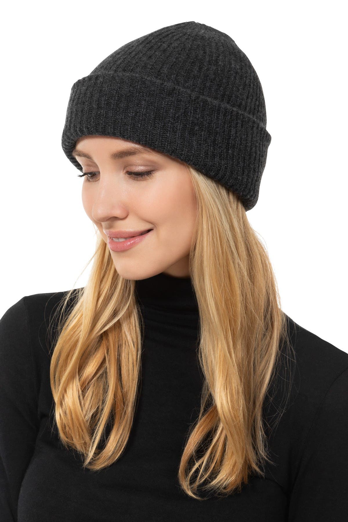 Amicale Cashmere Double Layer Rib Knit Hat In Charcoal