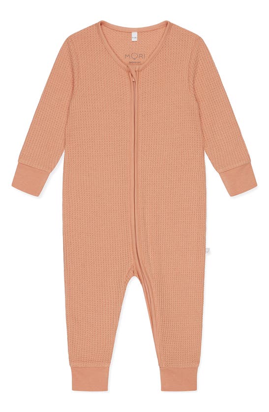 Shop Mori Clever Zip Waffle Fitted One-piece Pajamas In Peach