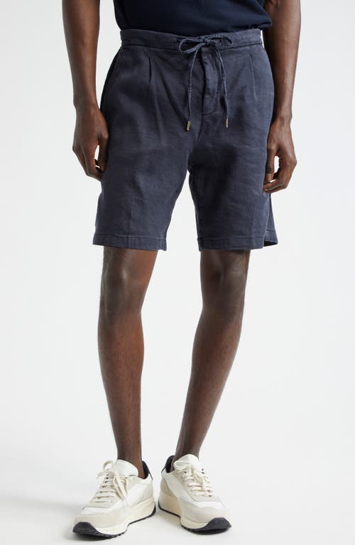 Pleated Stretch Linen & Cotton Jersey Shorts in Navy
