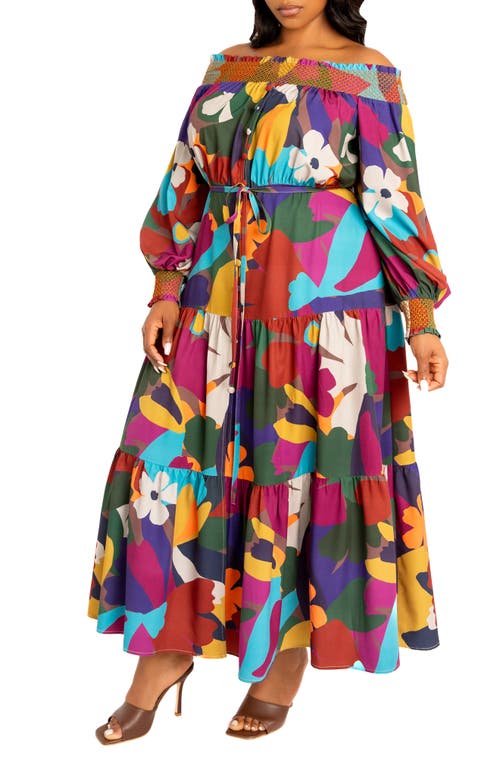 BUXOM COUTURE BUXOM COUTURE FLORAL OFF THE SHOULDER LONG SLEEVE MAXI DRESS 