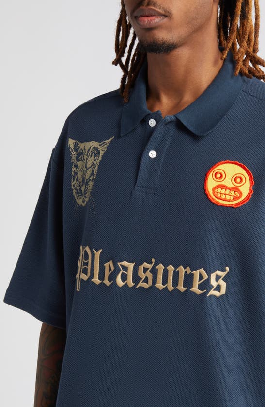 Shop Pleasures Wyatt Logo Boxy Piqué Polo In Navy