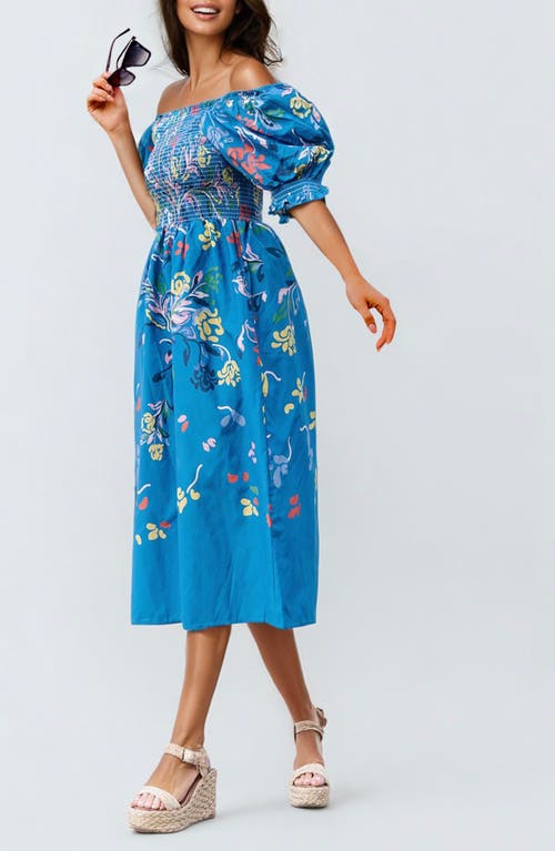 JESSIE ZHAO NEW YORK JESSIE ZHAO NEW YORK NIGHT FLOWER SMOCKED COTTON SILK MIDI DRESS