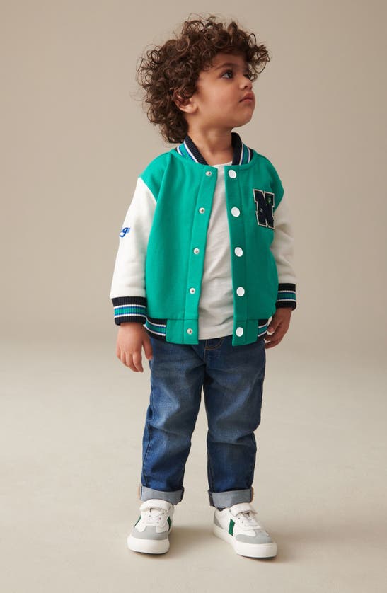 Shop Next Kids' Appliqué Colorblock Cotton Letterman Jacket In Green