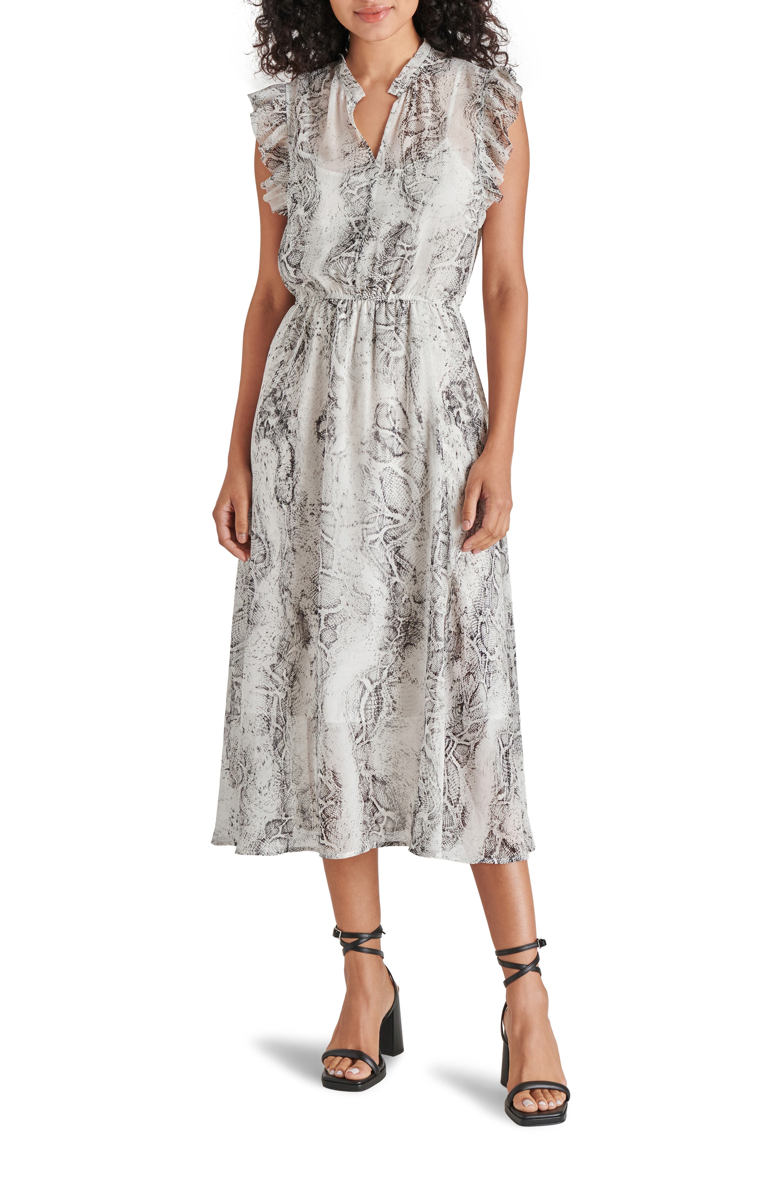Steve Madden Allegra Snakeskin Print Ruffle Chiffon Midi Dress In Black/white
