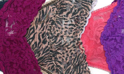Shop Hanky Panky Low Rise Lace Thongs In Purple/animal Print/burgundy