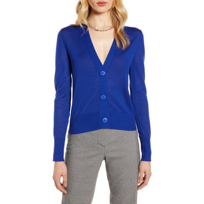 Halogen V-Neck Merino Wool Jersey Cardigan, Blue