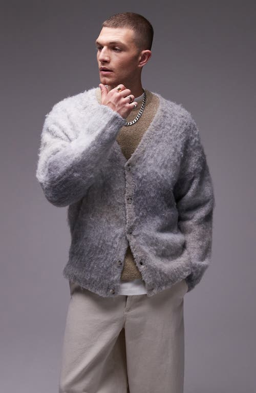 Topman Fuzzy Relaxed Fit V-Neck Cardigan in Grey 