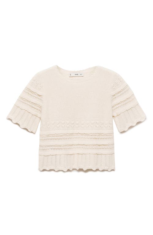 Mango Open Stitch Accent Short Sleeve Crop Sweater In Ecru