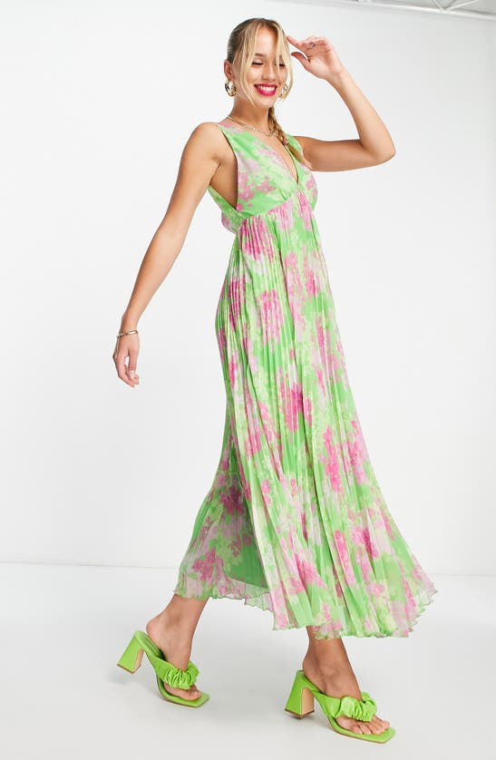 Asos Design Sleeveless V-neck Pleated Trapeze Maxi Dress In Green Floral Print-multi