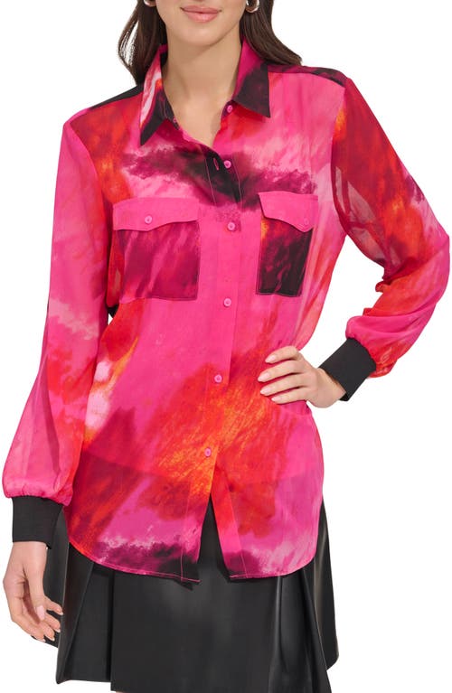 DKNY Abstract Print Chiffon Shirt Shocking Pink Multi at Nordstrom,