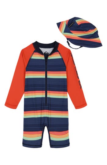 Shop Quiksilver Zip-up Rashguard & Hat Set In Assorted Orange/blue