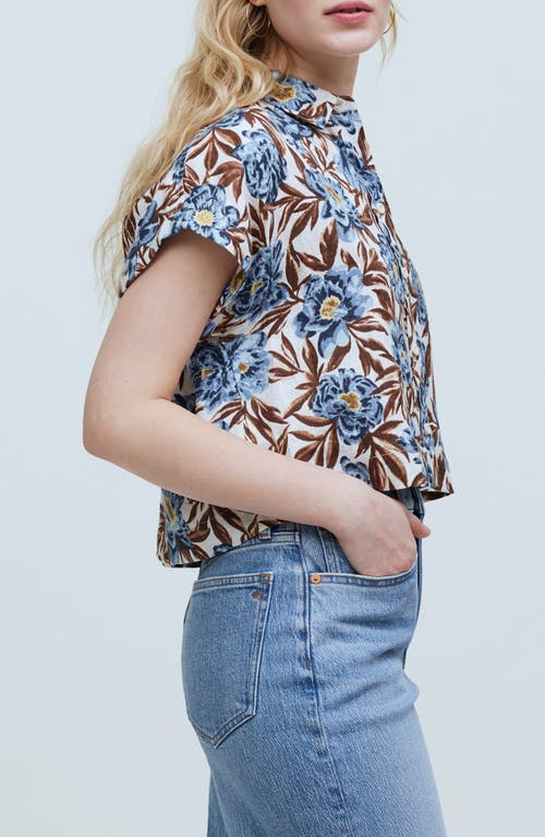 Madewell Floral Short Sleeve Linen Crop Button-up Shirt In Stonewash Blue