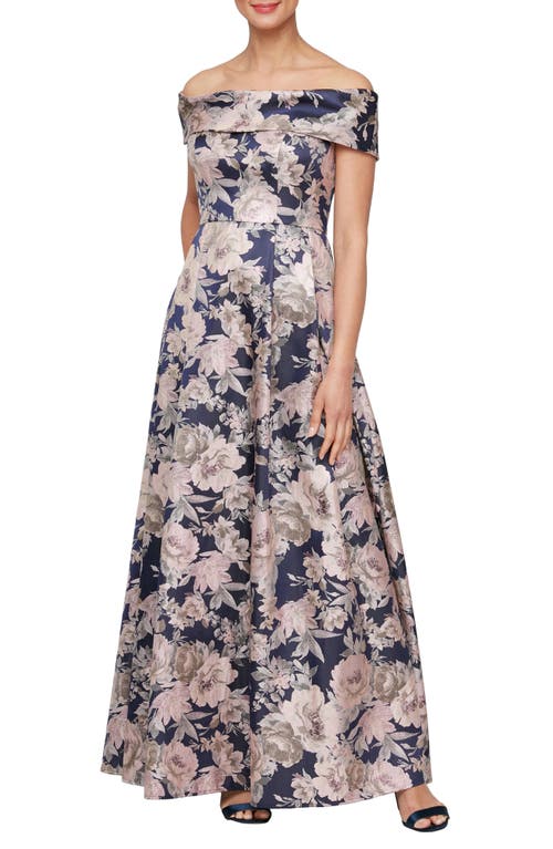 Floral Off the Shoulder Gown in Navy/Pink