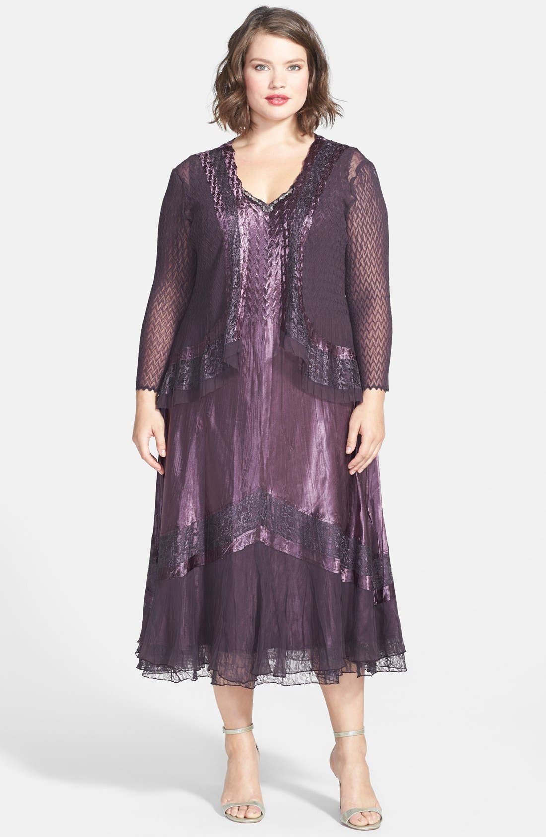 Komarov Lace Inset Charmeuse & Chiffon Dress with Jacket (Plus Size) Nordstrom