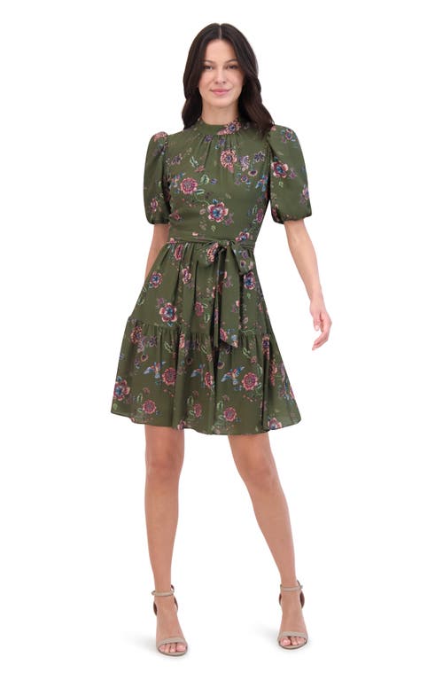 Shop Eliza J Floral Print Puff Sleeve Dress In Olive