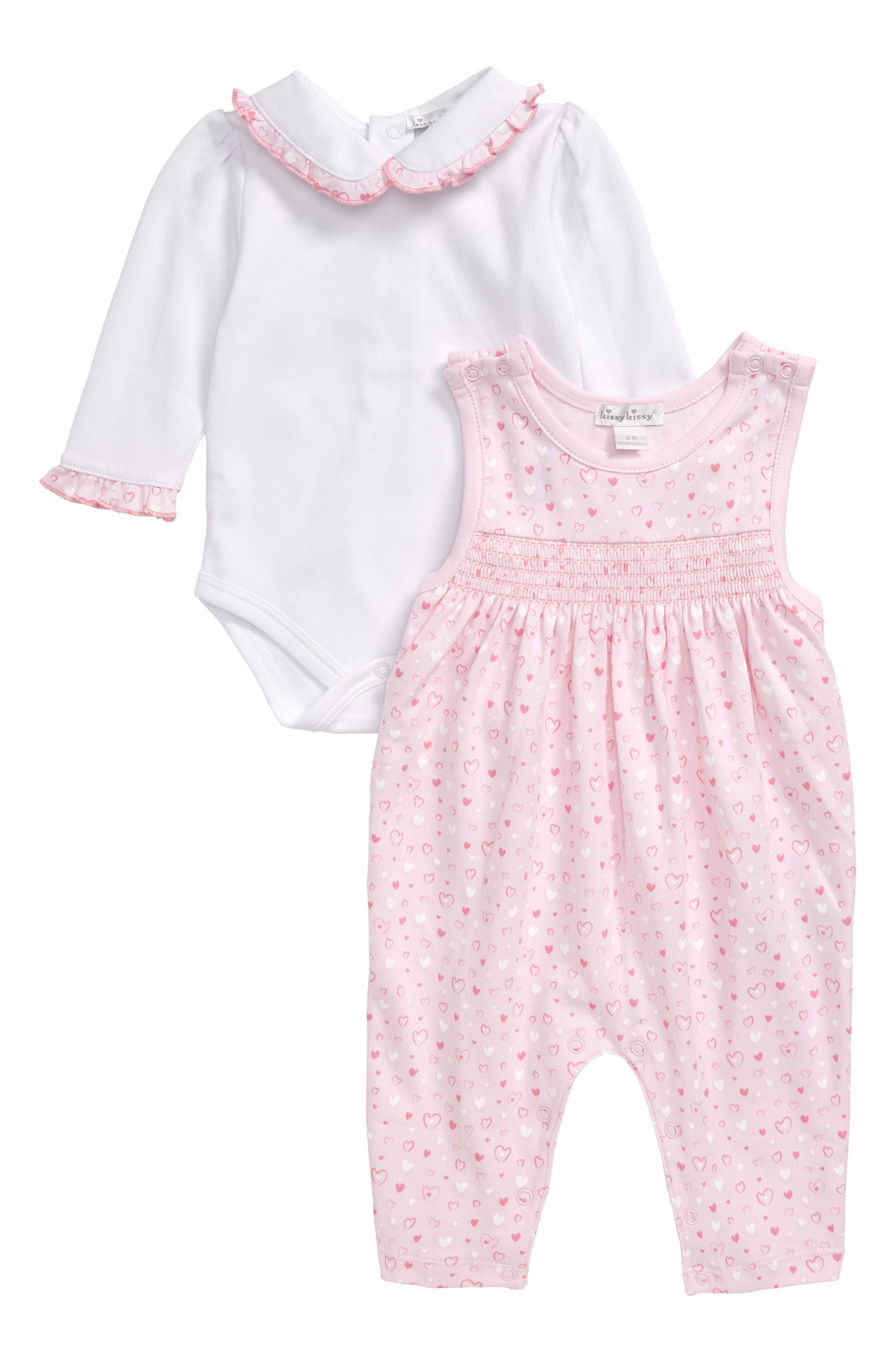 Kissy Kissy Heart Print Smocked Jumpsuit & Long Sleeve Bodysuit Set
